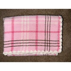 Carter's Baby Girls Pink Brown Blanket Plaid Chenille White Scalloped Edge Lovey